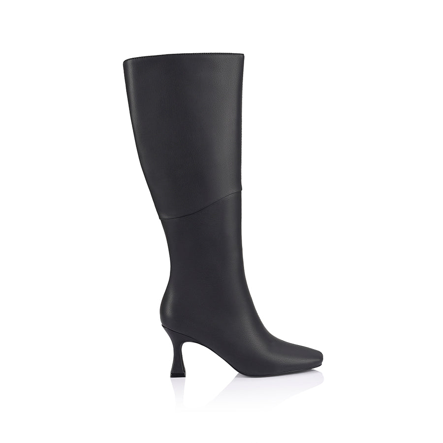Black knee-high boot with a mid heel and square toe shape