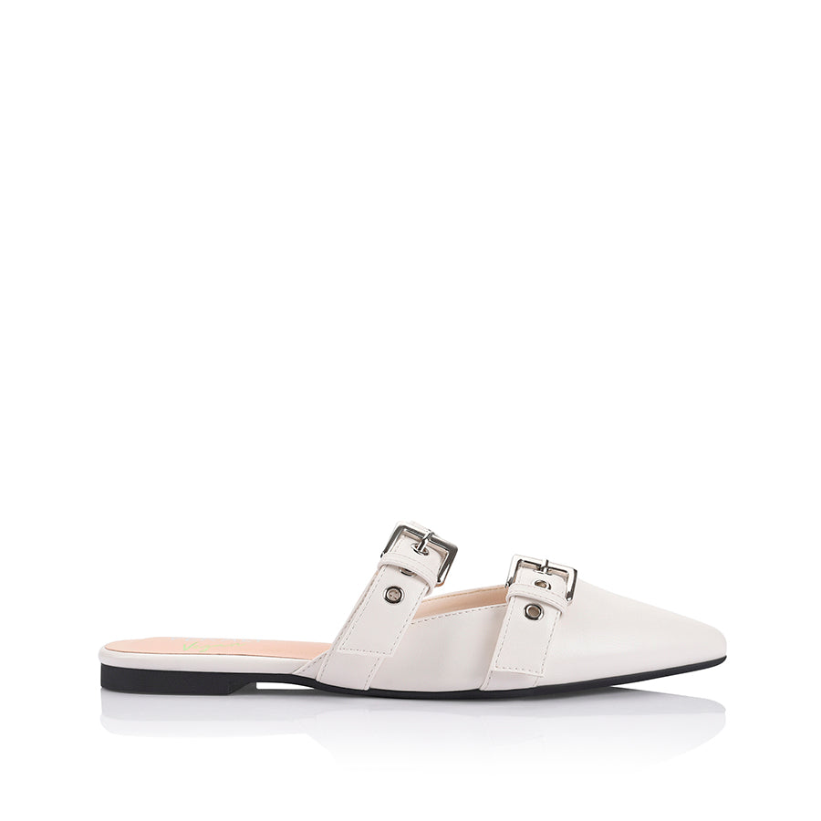Women's white pointed ballet flat mules with buckle detail