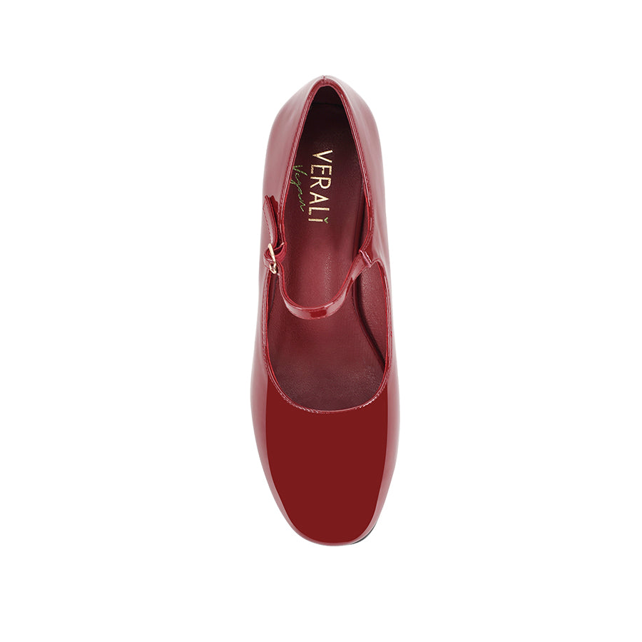 Women's block heel mary-jane closed toe shoe in red wine patent