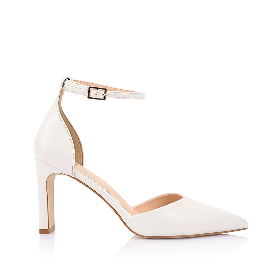 Women's white smooth pointed toe block heel with cupped sole and adjustable ankle strap