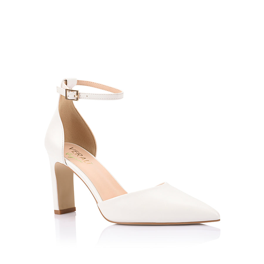 Women's white smooth pointed toe block heel with cupped sole and adjustable ankle strap