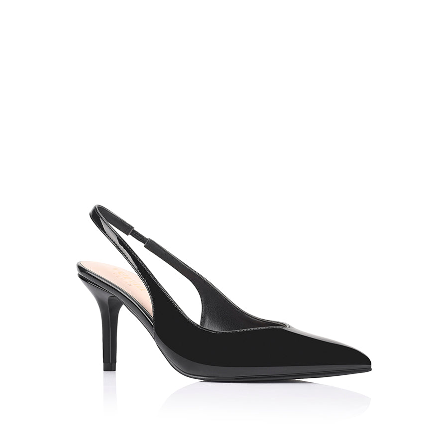Women's black patent vegan slingback stiletto heel with pointed toe and v cut upper