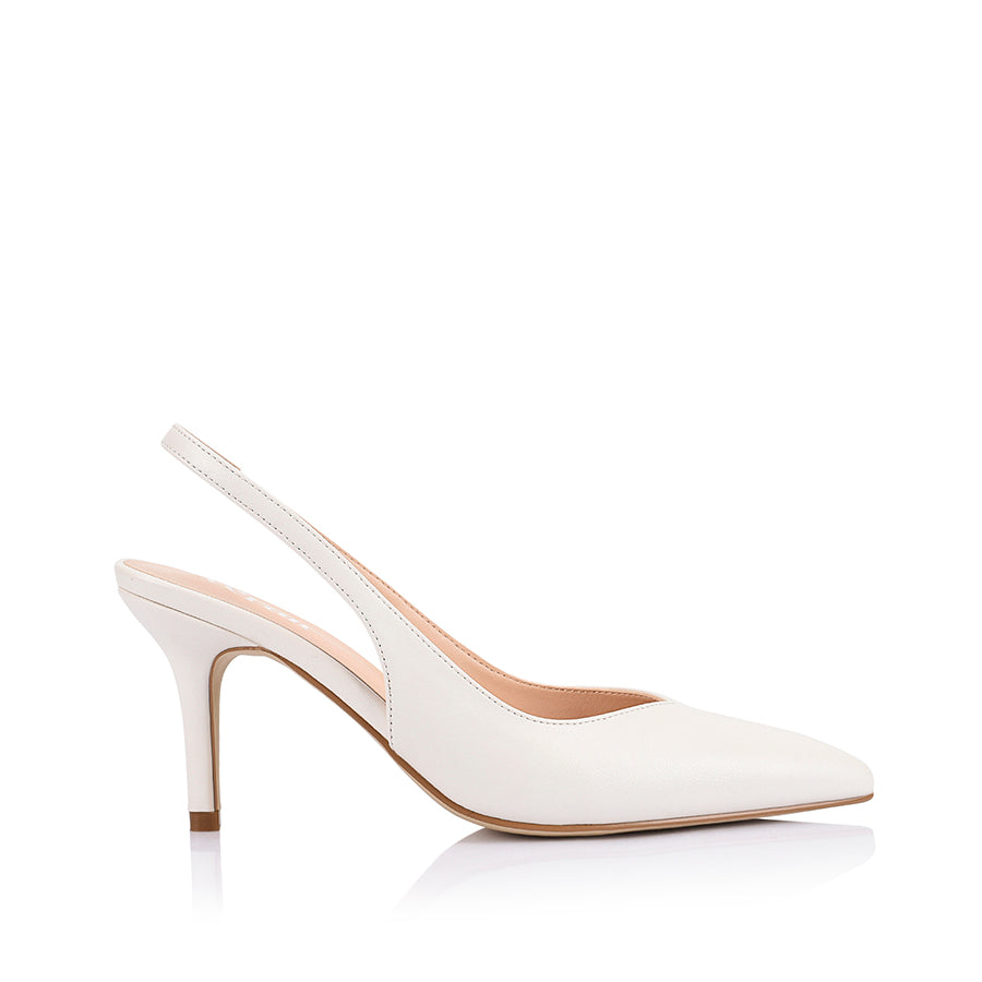 Women's chalk white smooth vegan stiletto heel with elastic slingback and pointed toe