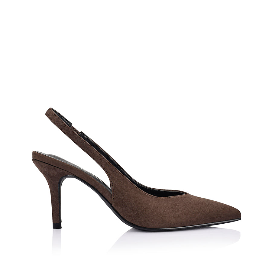 Women's Chocolate brown microsuede stiletto slingback heels with pointed toe and v cut upper
