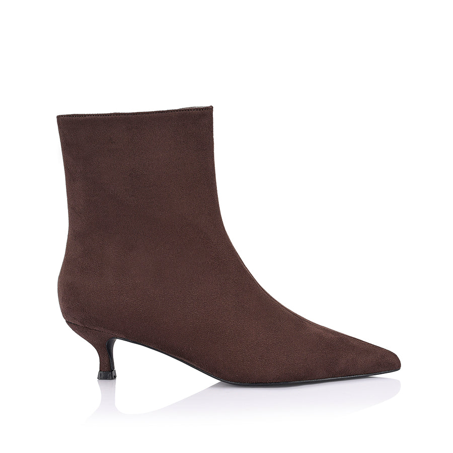 Women's chocolate brown microsuede kitten heel ankle boot with pointed toe