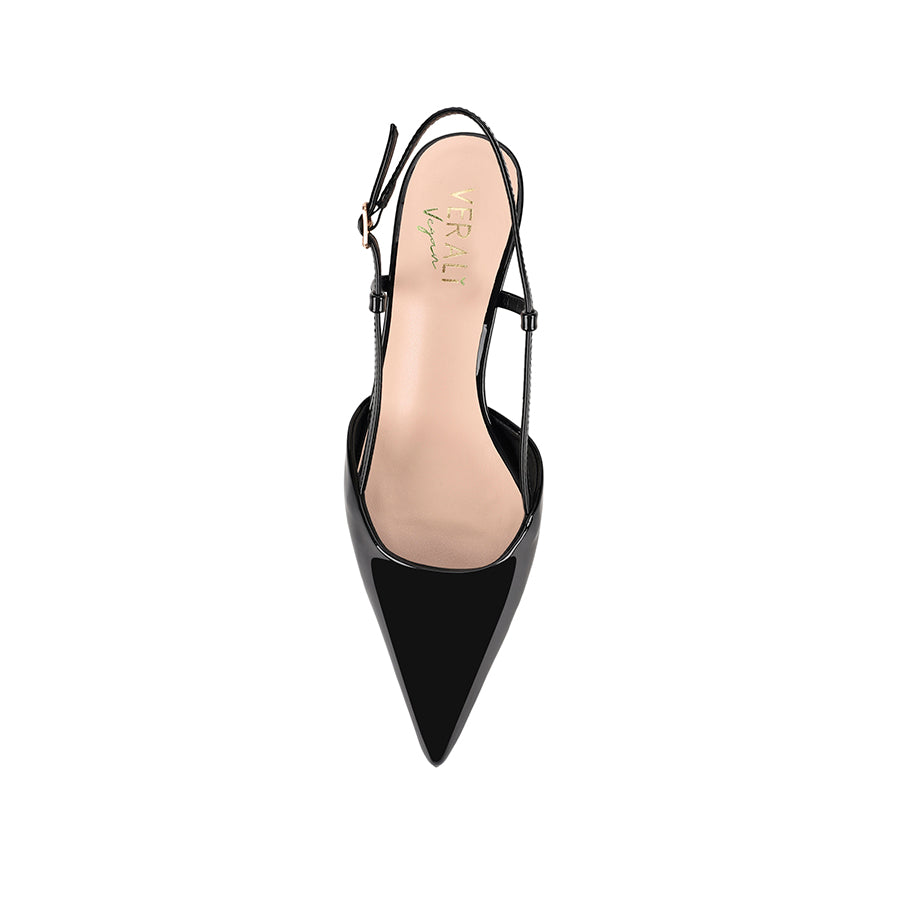 Women's black patent kitten heel slingback with pointed toe