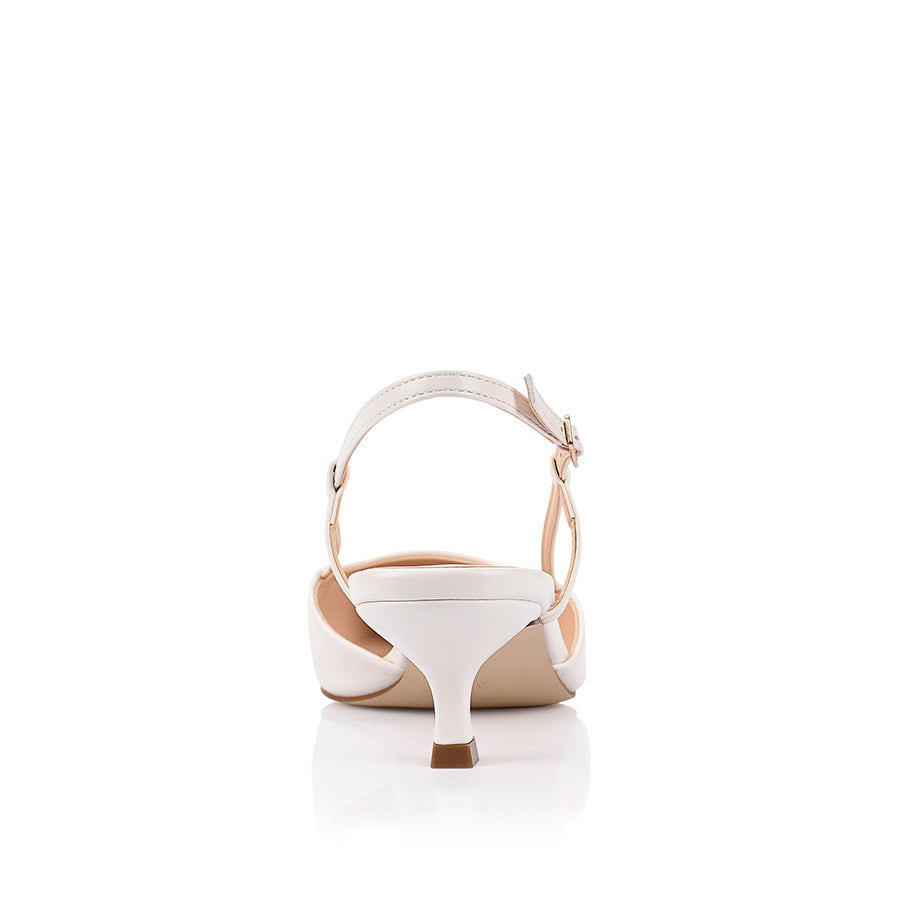 Women's white smooth vegan slingback kitten heel with pointed toe and buckle fastening