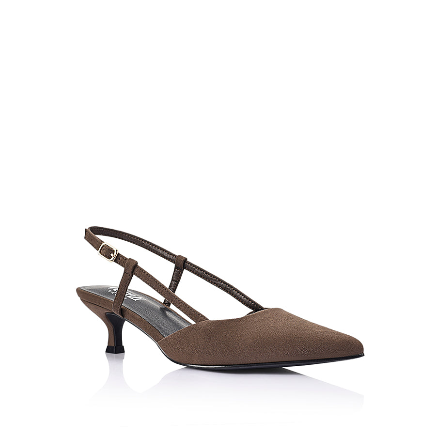 Women's chocolate brown microsuede slingback kitten heel with pointed toe and buckle fastening