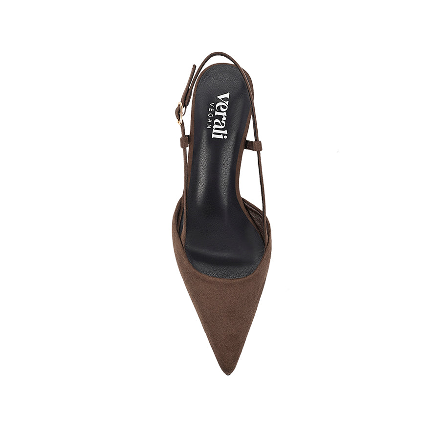 Women's chocolate brown microsuede slingback kitten heel with pointed toe and buckle fastening