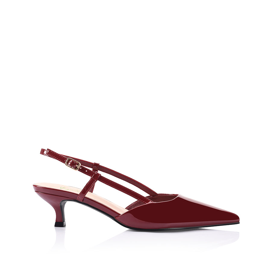 Women's red wine patent kitten heel slingback with pointed toe