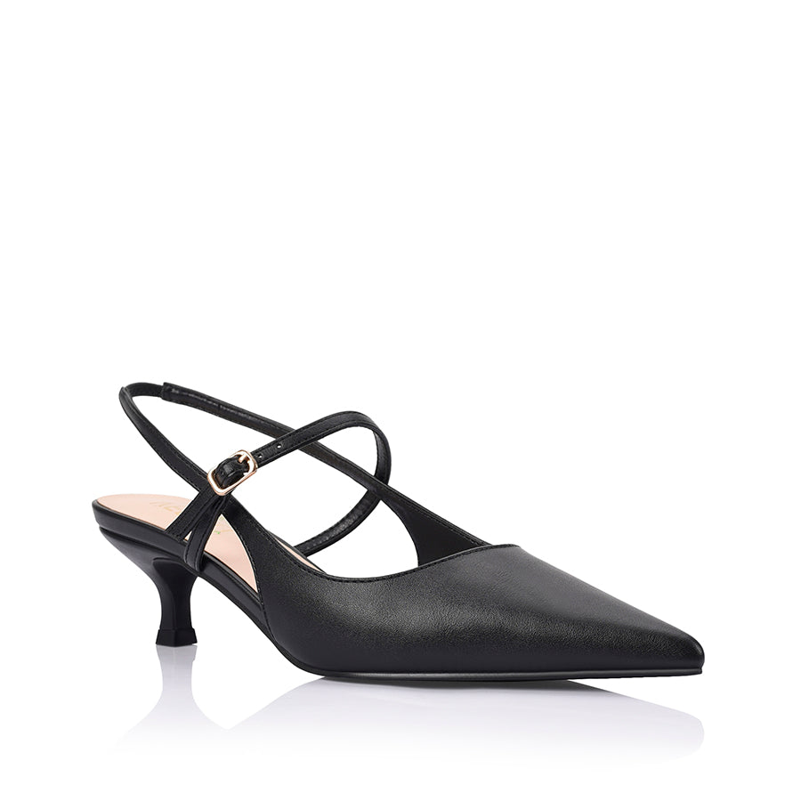 Women's vegan black kitten slingback heel with mary jane strap and pointed toe
