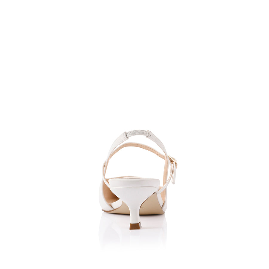 Women's vegan white smooth kitten slingback heel with mary jane strap and pointed toe