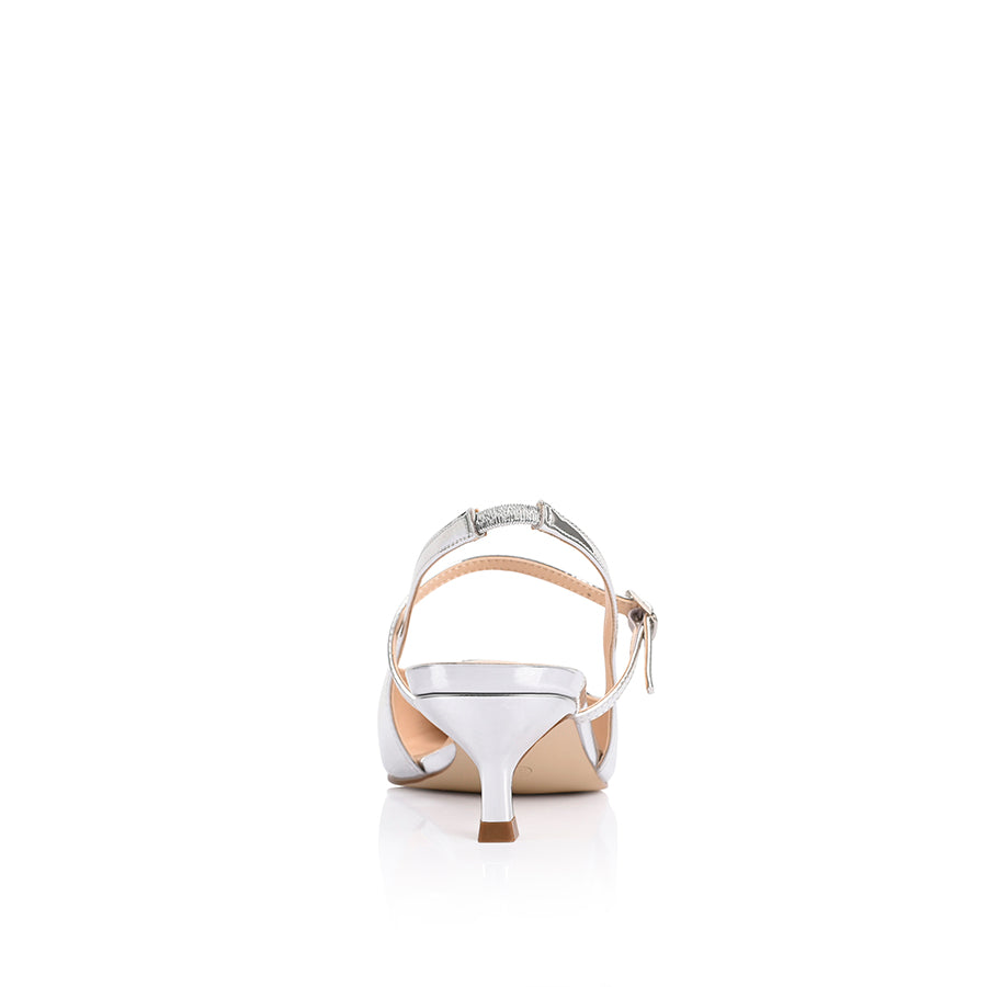 Women's vegan silver mirror kitten slingback heel with mary jane strap and pointed toe