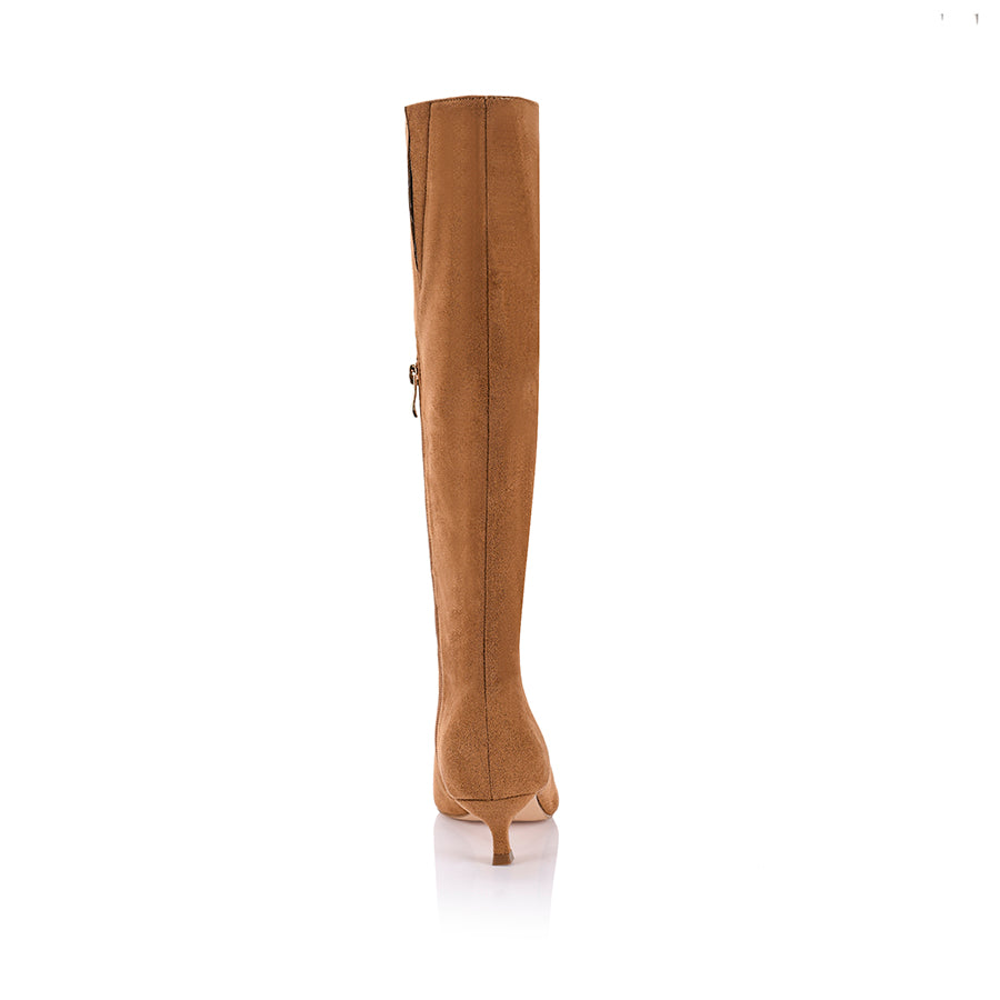 Women's tan microsuede knee high boot with kitten heel and pointed toe