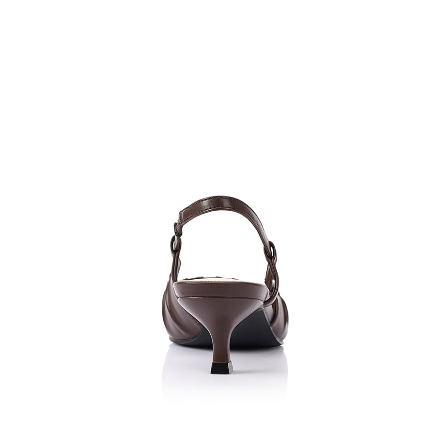 Women's chocolate brown vegan leather slingback kitten heel with pointed toe with gathered upper
