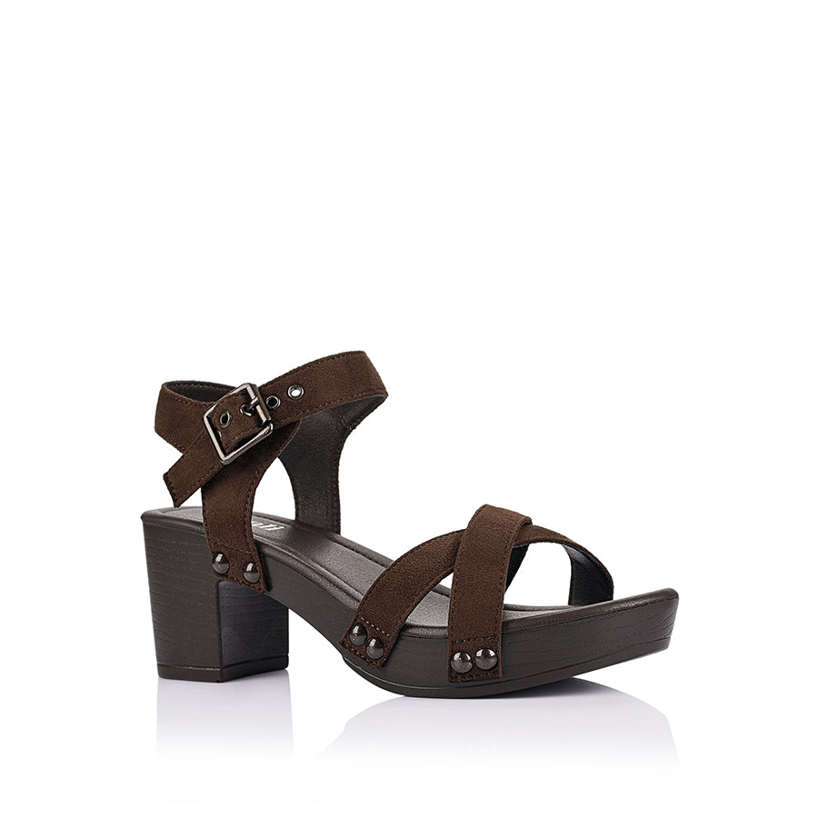 Women's chocolate brown microsuede vegan clog strappy platform sandal