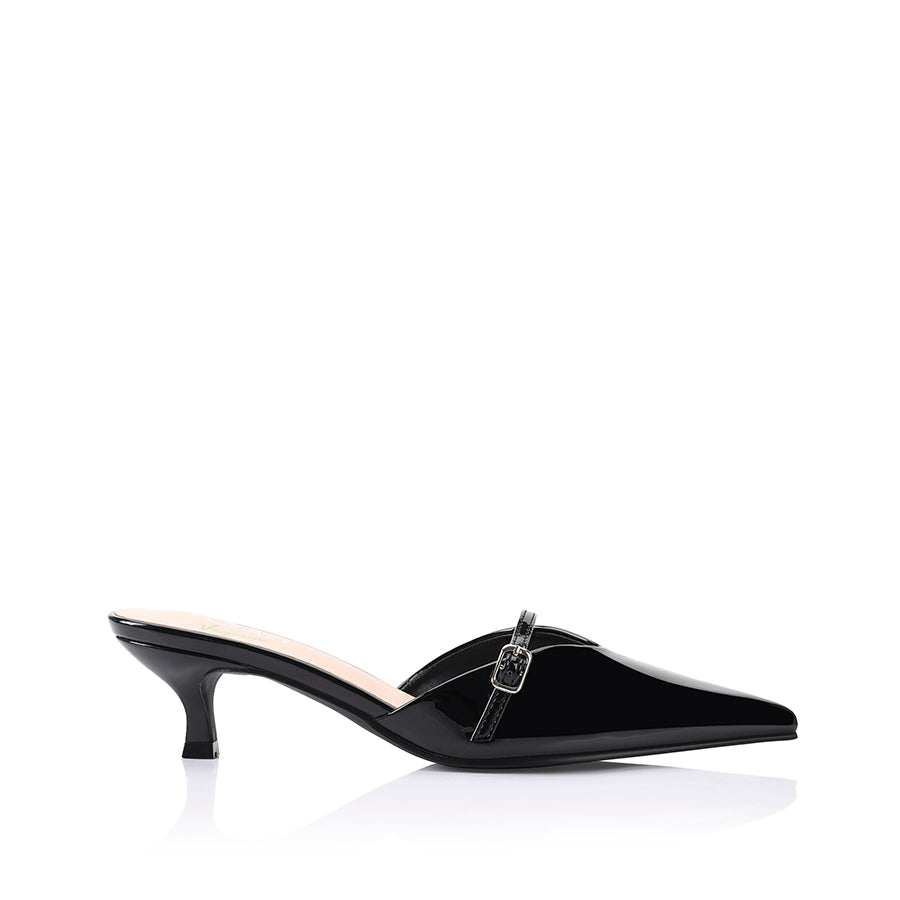 Women's black patent kitten heel mule with pointed toe and mary jane strap