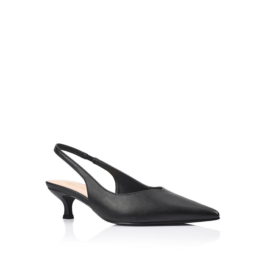 Women's black vegan slingback kitten heel with pointed toe and elastic fastening