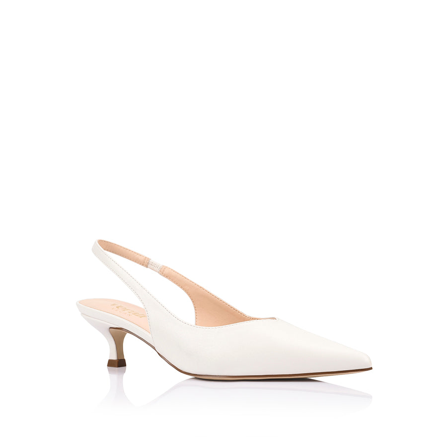 Women's chalk white vegan slingback kitten heel with pointed toe and elastic fastening