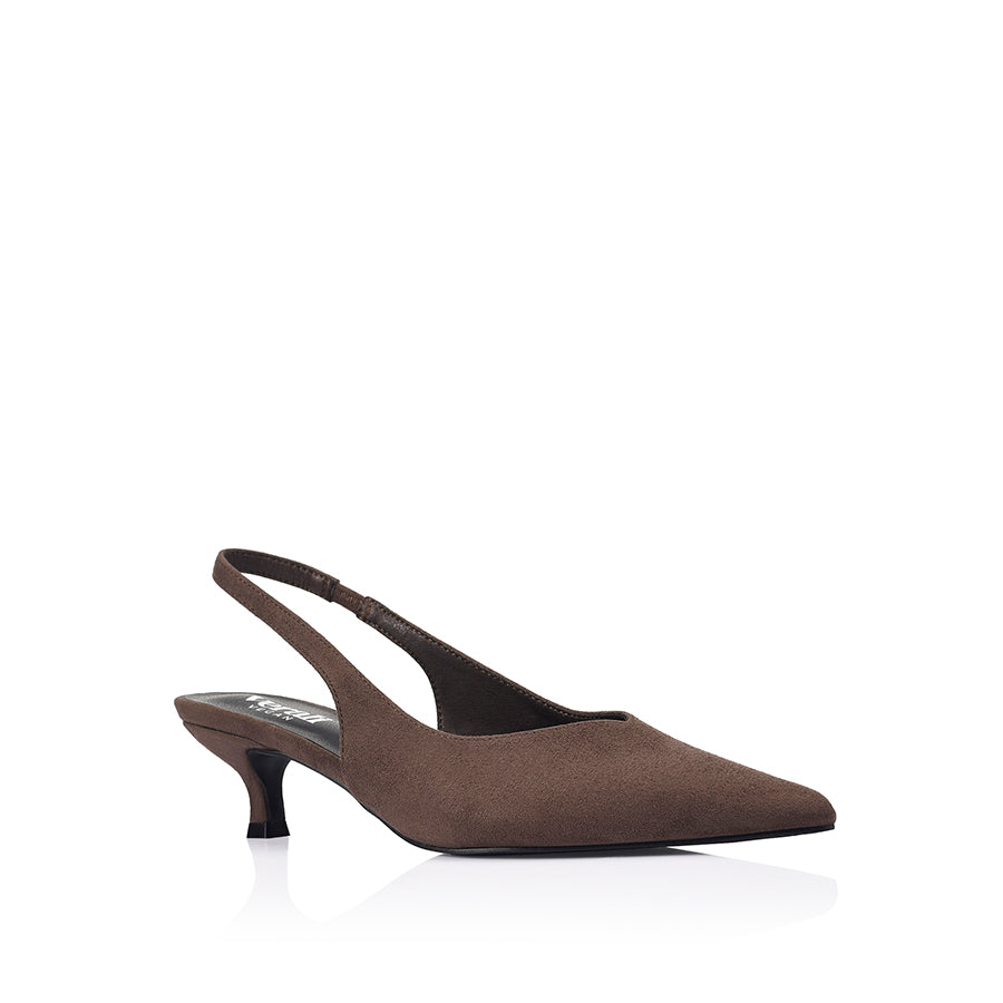 Women's chocolate brown microsuede vegan slingback kitten heel with pointed toe and elastic fastening