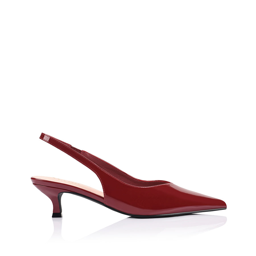 Women's red wine patent vegan slingback kitten heel with pointed toe and elastic fastening
