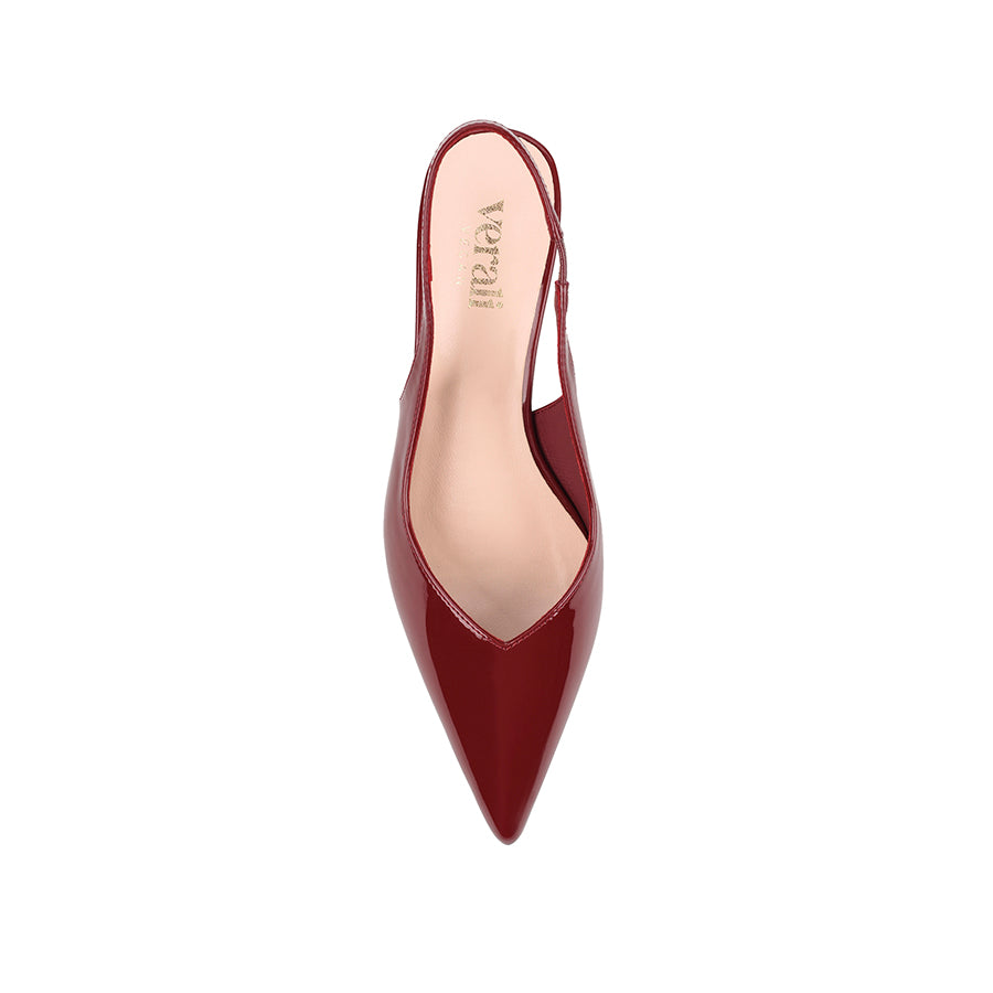 Women's red wine patent vegan slingback kitten heel with pointed toe and elastic fastening