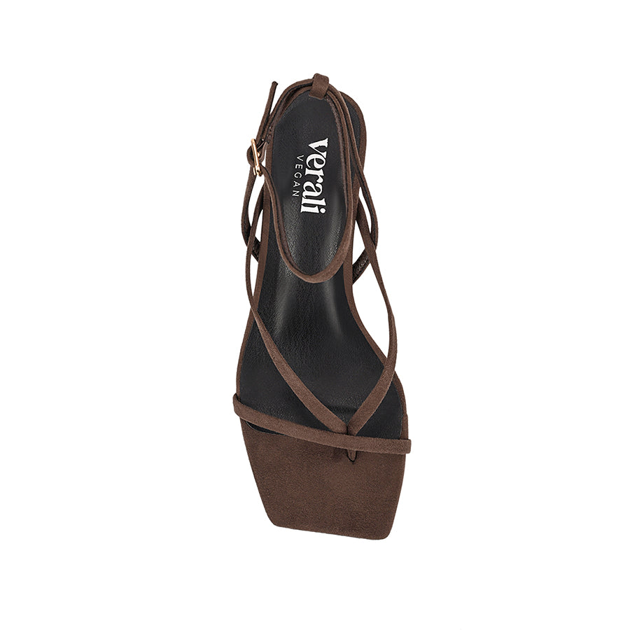 Women's low kitten heel, strappy thong style with adjustable ankle strap in chocolate brown microsuede