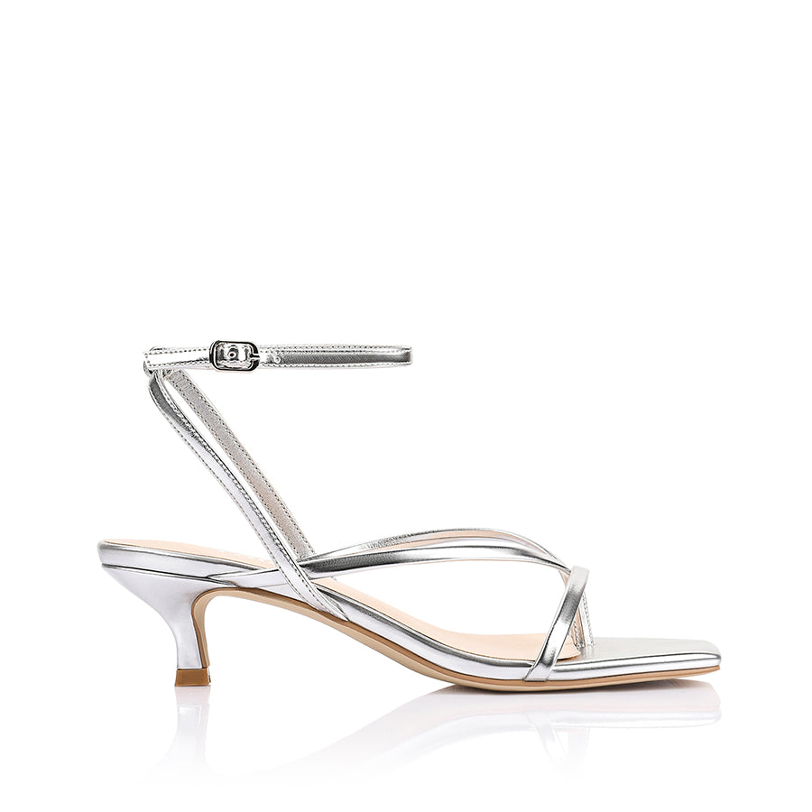 Women's vegan strappy kitten heel in silver