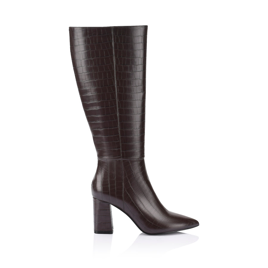 Women's vegan chocolate brown croc embossed knee high boot with block heel and pointed toe