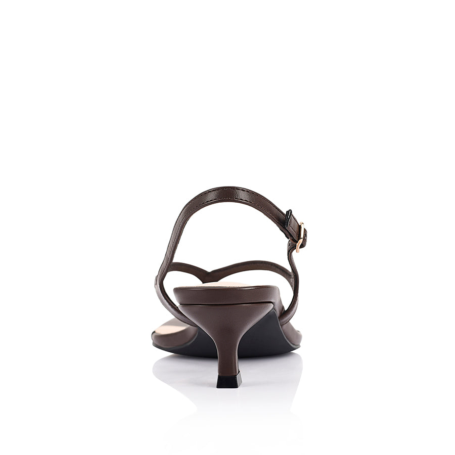 Women's heeled thong sandal with buckle slingback and modern square toe in vegan chocolate brown