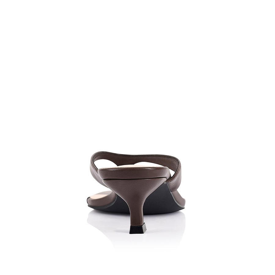 Women's kitten heel thong strappy sandal with square toe in chocolate brown vegan materials