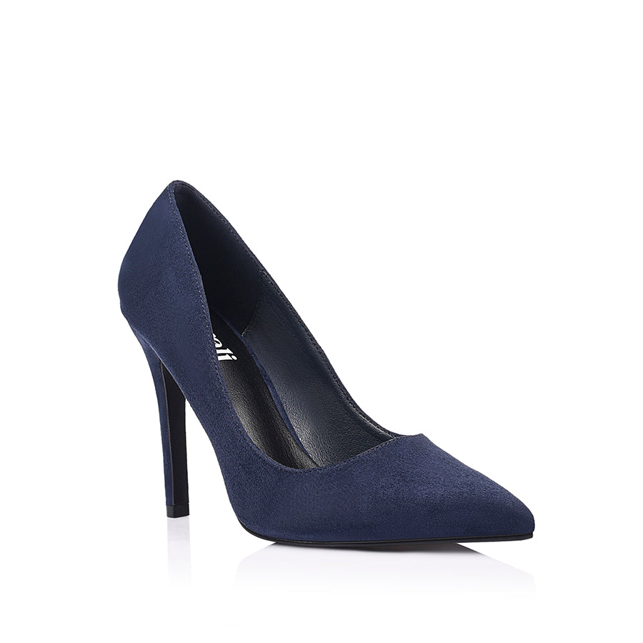 Navy microsuede high heel pump with a pointed toe shape