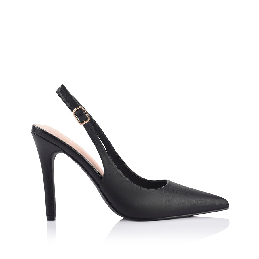 High heel black pump with buckle closure and pointed toe shape