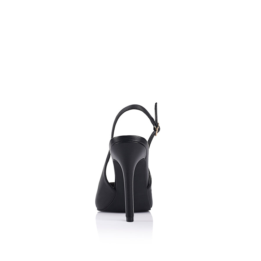 High heel black pump with buckle closure and pointed toe shape