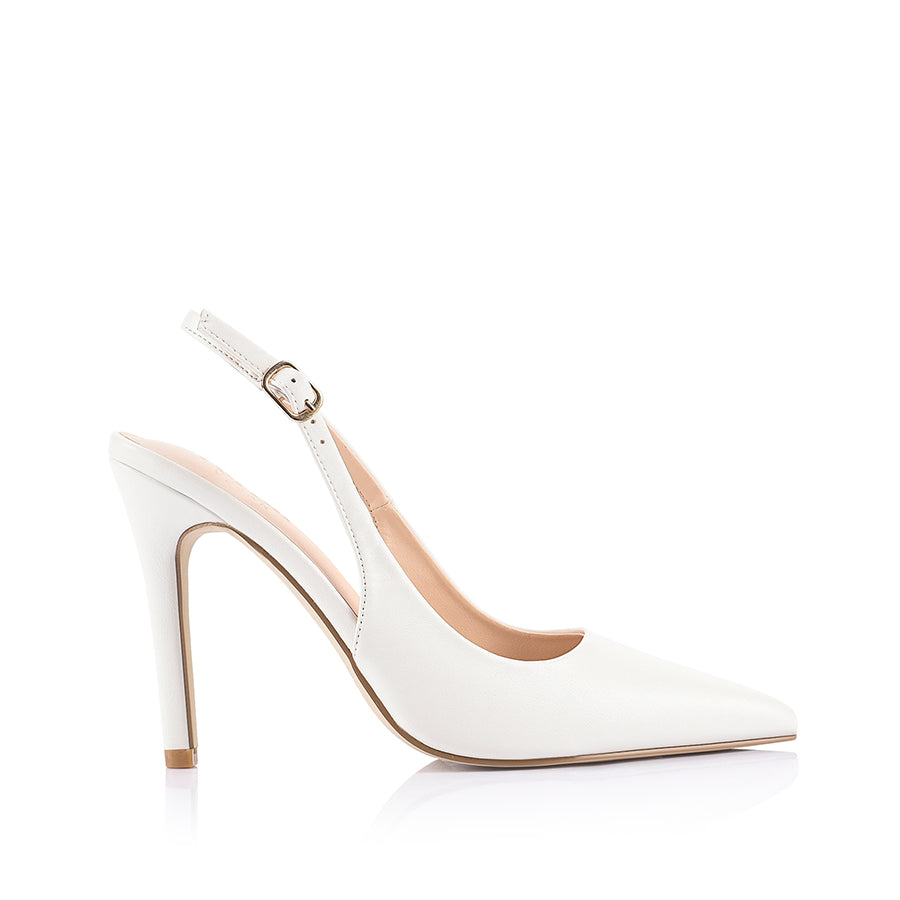 High heel black pump with buckle closure and pointed toe shape