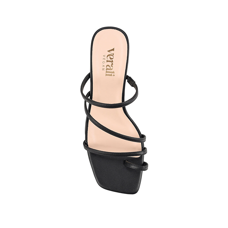 Women's black vegan block heel strappy sandal with toe ring and square toe