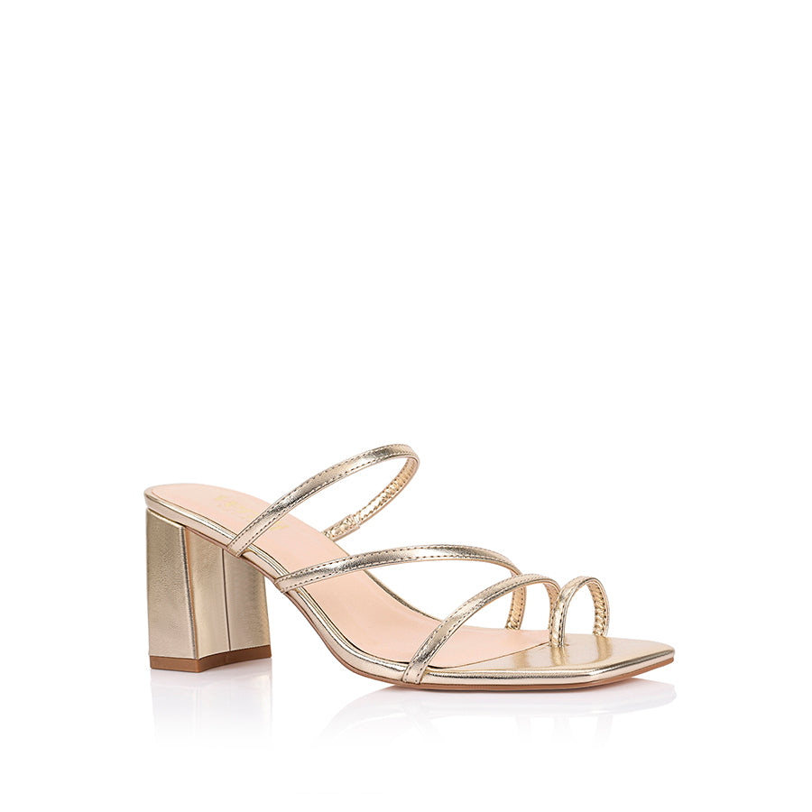 Women's champagne gold vegan block heel strappy sandal with toe ring and square toe