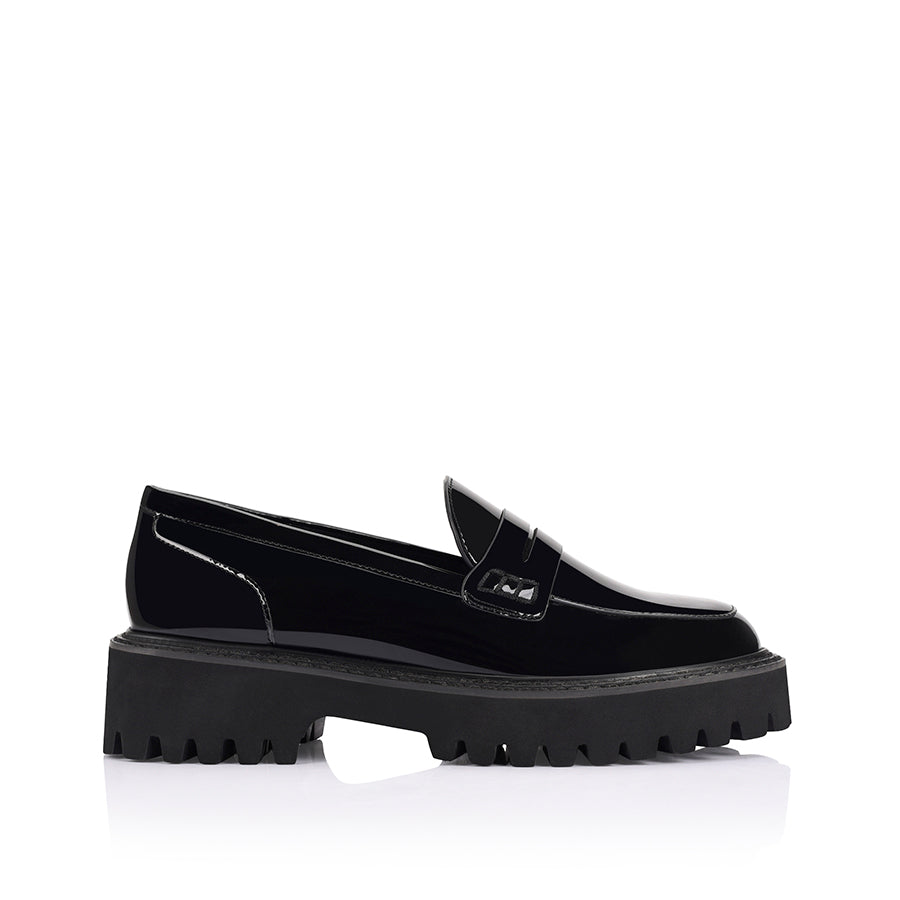 Women's chunky sole platform black patent loafer
