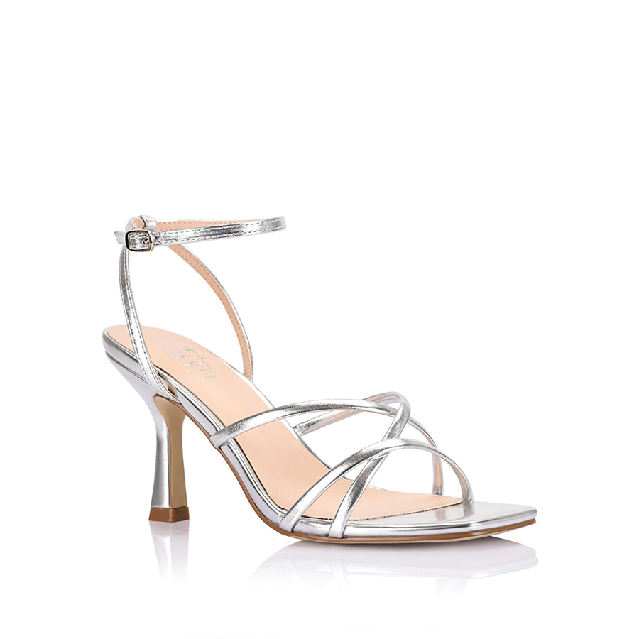 Women's heeled strappy sandal in metallic silver vegan leather with ankle strap and square toe