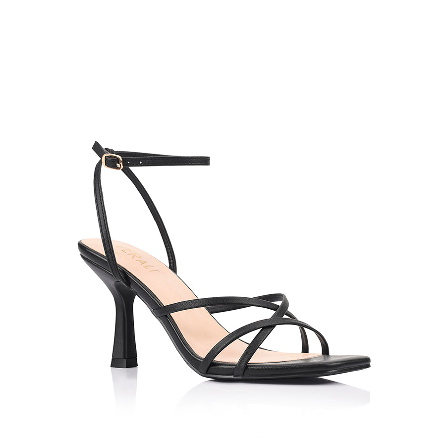 Women's black vegan strappy heeled sandal with square toe
