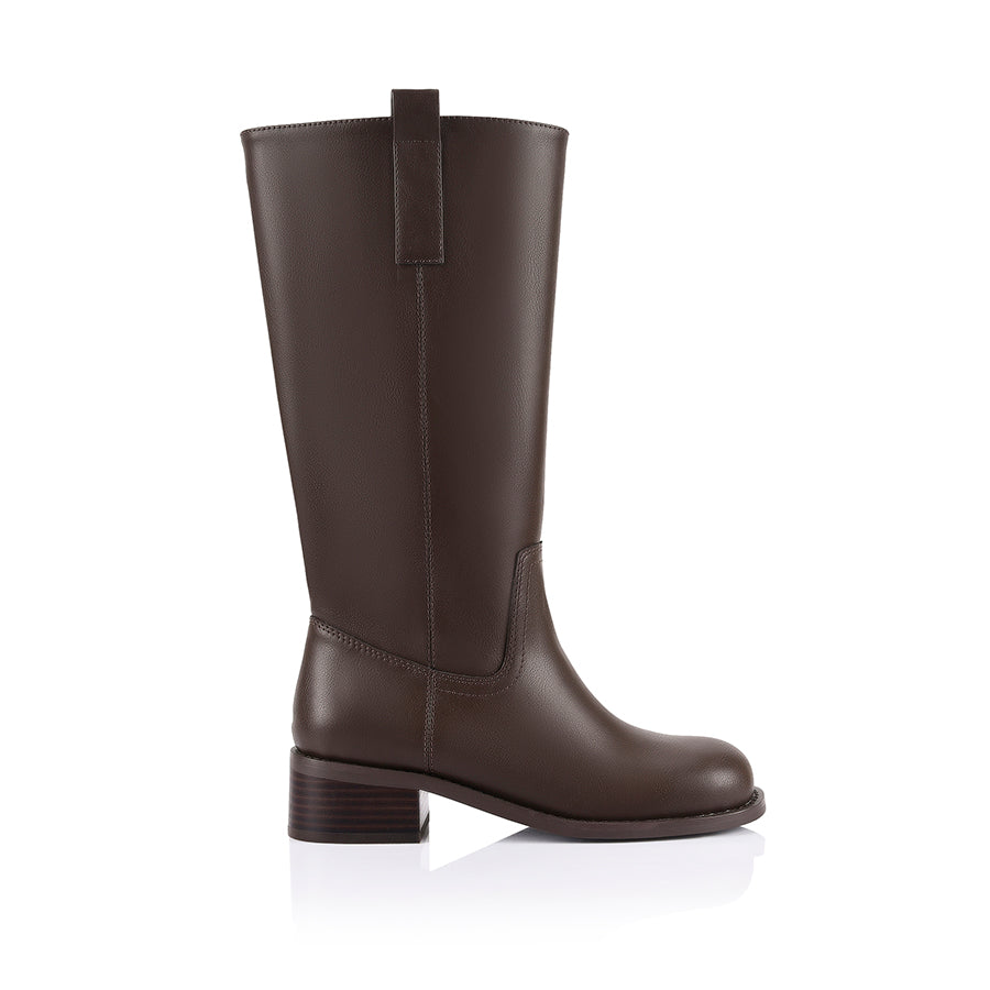 Brown knee-high boot with a rounded toe shape