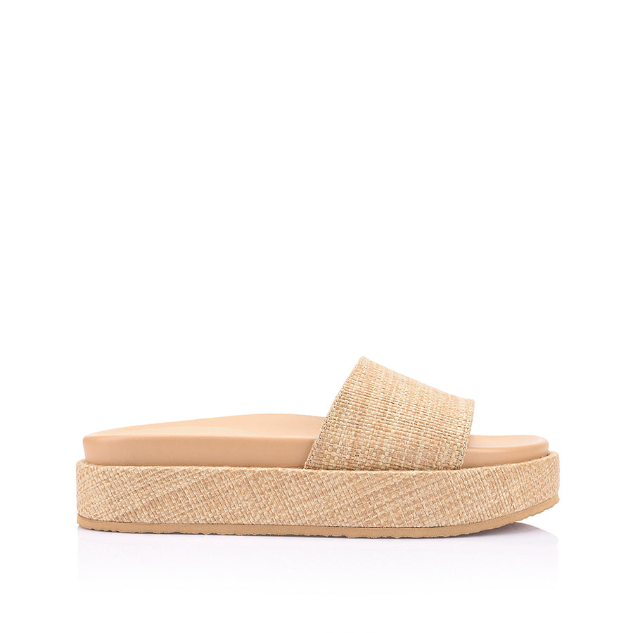 Women's natural raffia platform sandal slide footbed