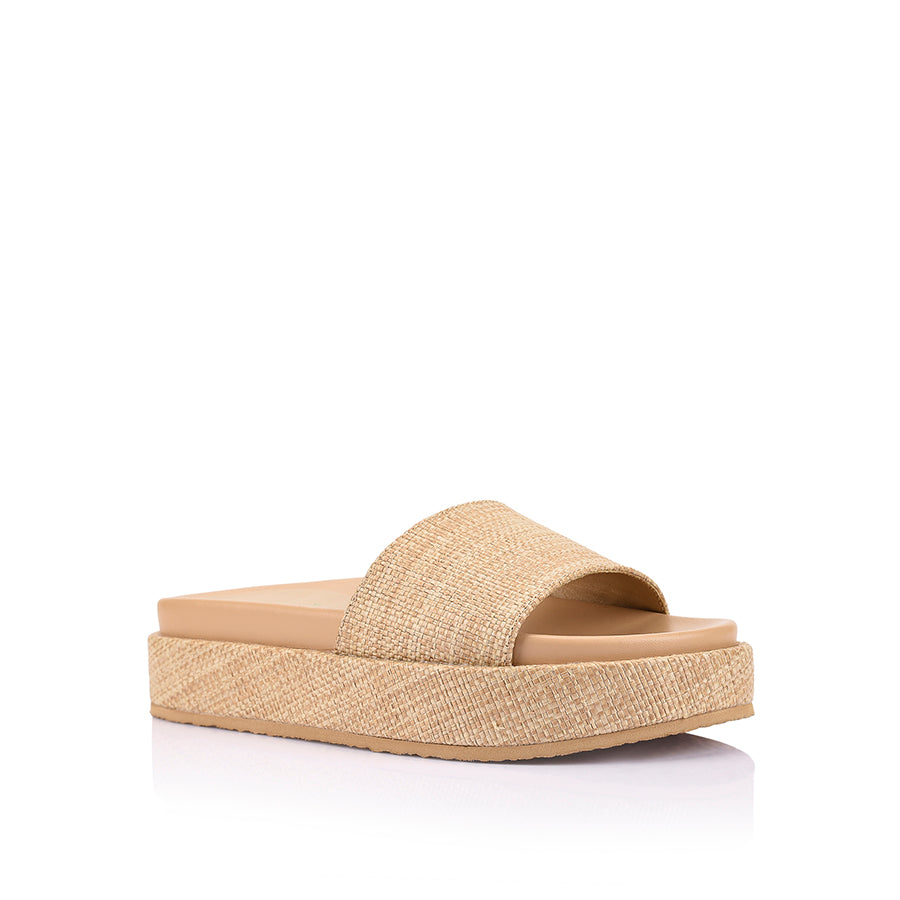 Women's natural raffia platform sandal slide footbed