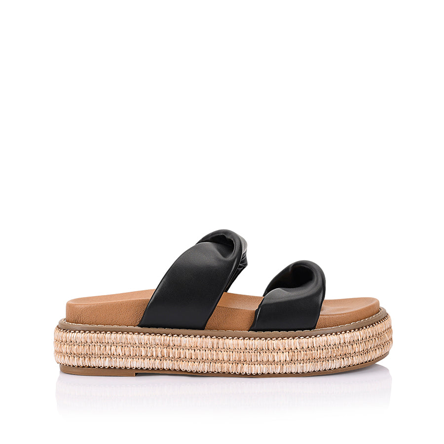 Women's black platform footbed slides with rope wrapped sole