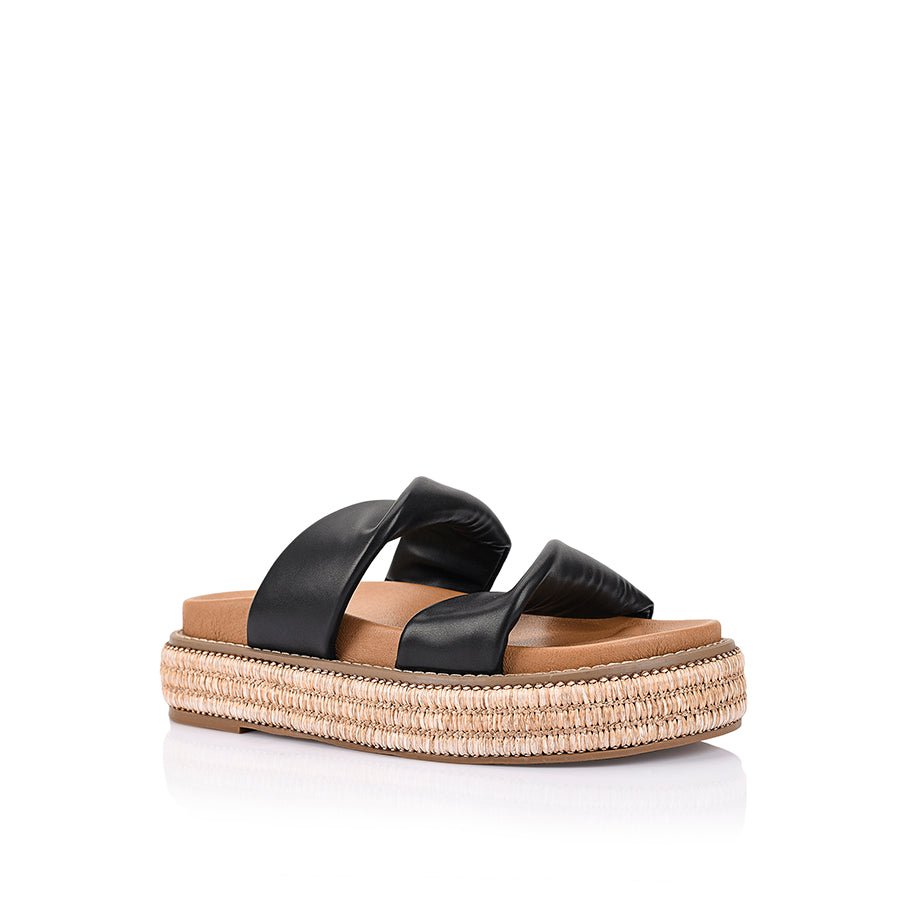 Women's black platform footbed slides with rope wrapped sole