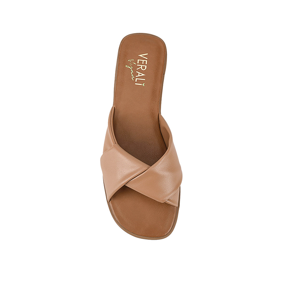 Women's tan vegan slip on flat slides for summer