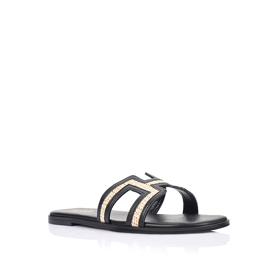 Women's black vegan and raffia flat slides