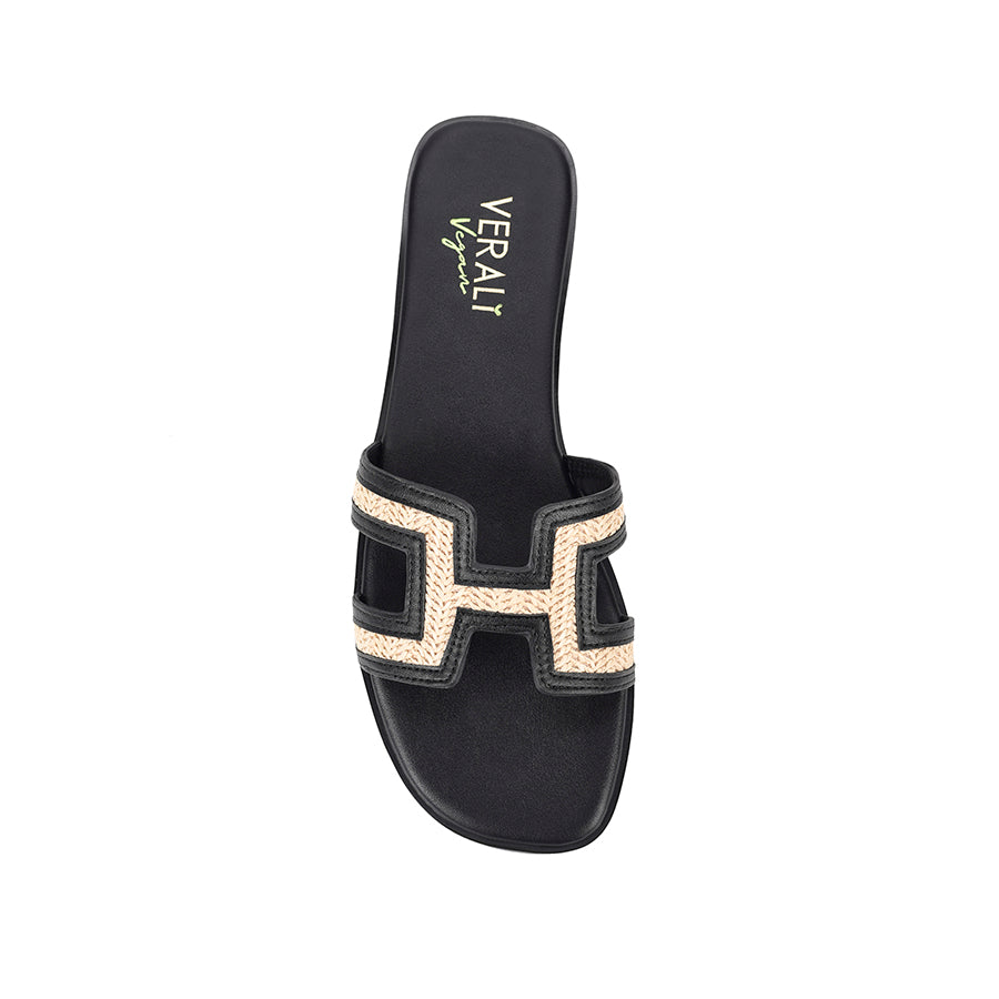 Women's black vegan and raffia flat slides