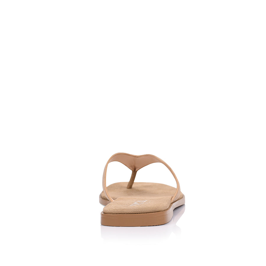 Women's taupe microsuede thongs with square toe