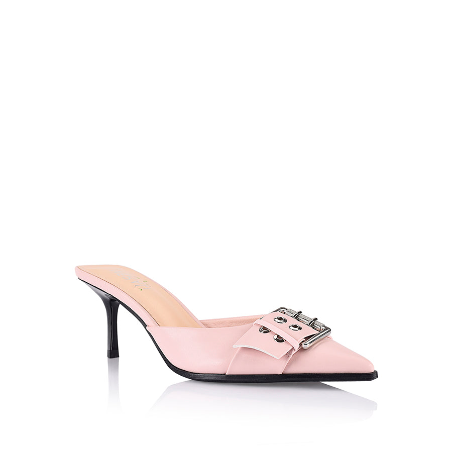Women's kitten heel point toe mule in blush pink with buckle detailing